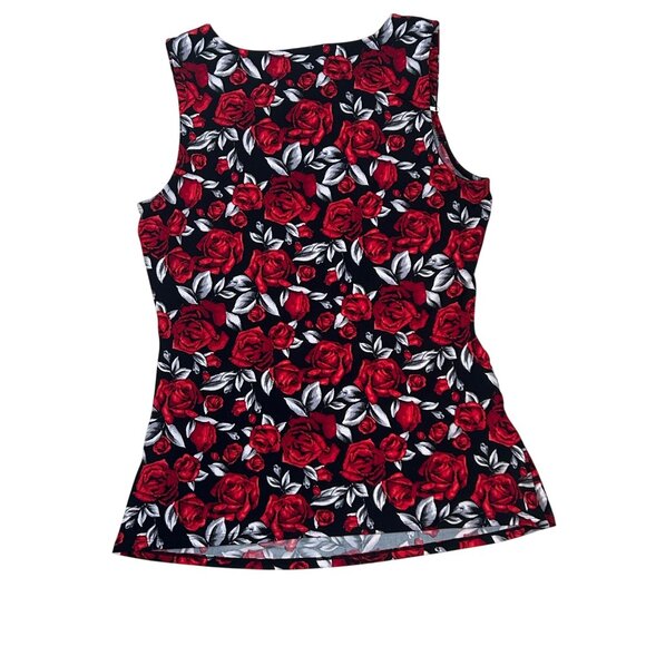 White House Black Market Red & Black Rose Print Sleeveless Tank Top L 1869 - Picture 2 of 6